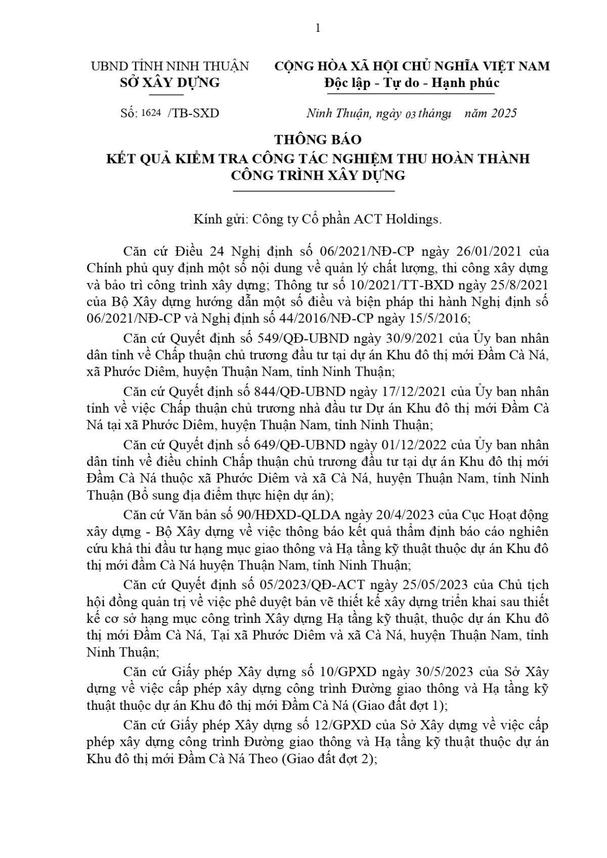 Thông báo nghiệm thu